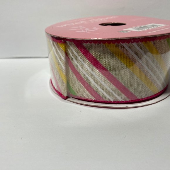 2 Spring Stripe Wired Ribbon 1.5" 25' Pink Yellow - Picture 5 of 12